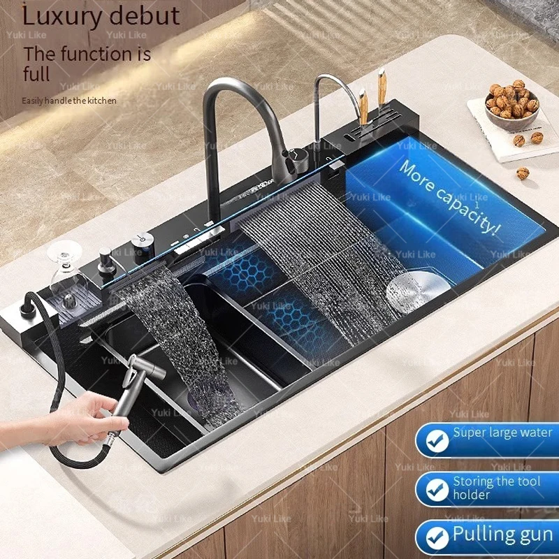 Stainless Steel Waterfall Kitchen Sink With Knife Holder Embossed Extra Large Single Slot Digital Display Faucet Set 4