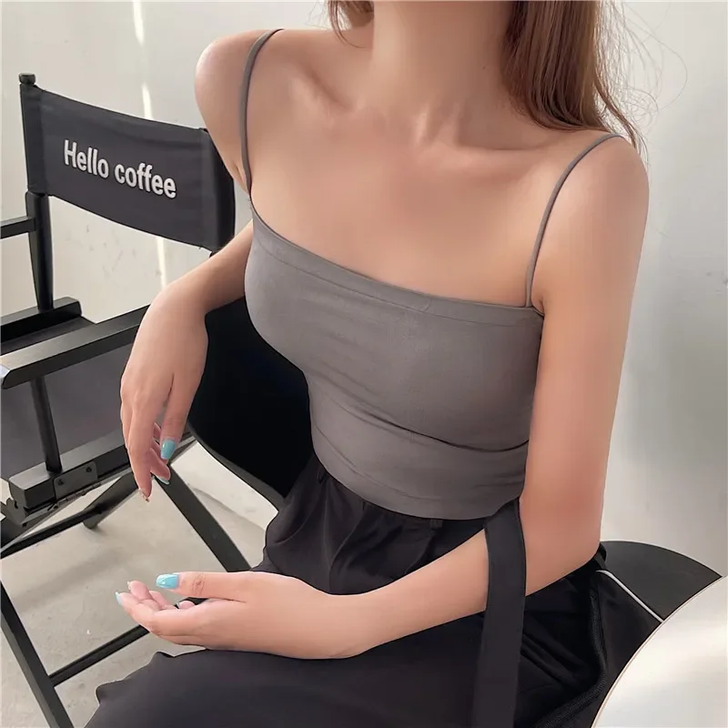 Women Tank Tops Solid Colour Camisole Vest Female Summer with Bra Pads Outside Wear Tops Suspenders Without Steel Ring Long Thin Bustier