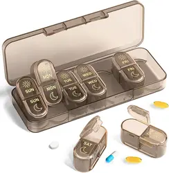 Weekly AM/PM Pill Organizer - Compact Travel Medicine Case (Brown)