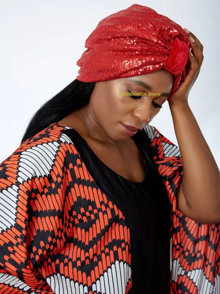 

African Flowers Sparkling Diamonds Bonnets for Women Already Made Auto Gele Hijab Aso Oke Headtie Scarf Headwraps Turban Hat