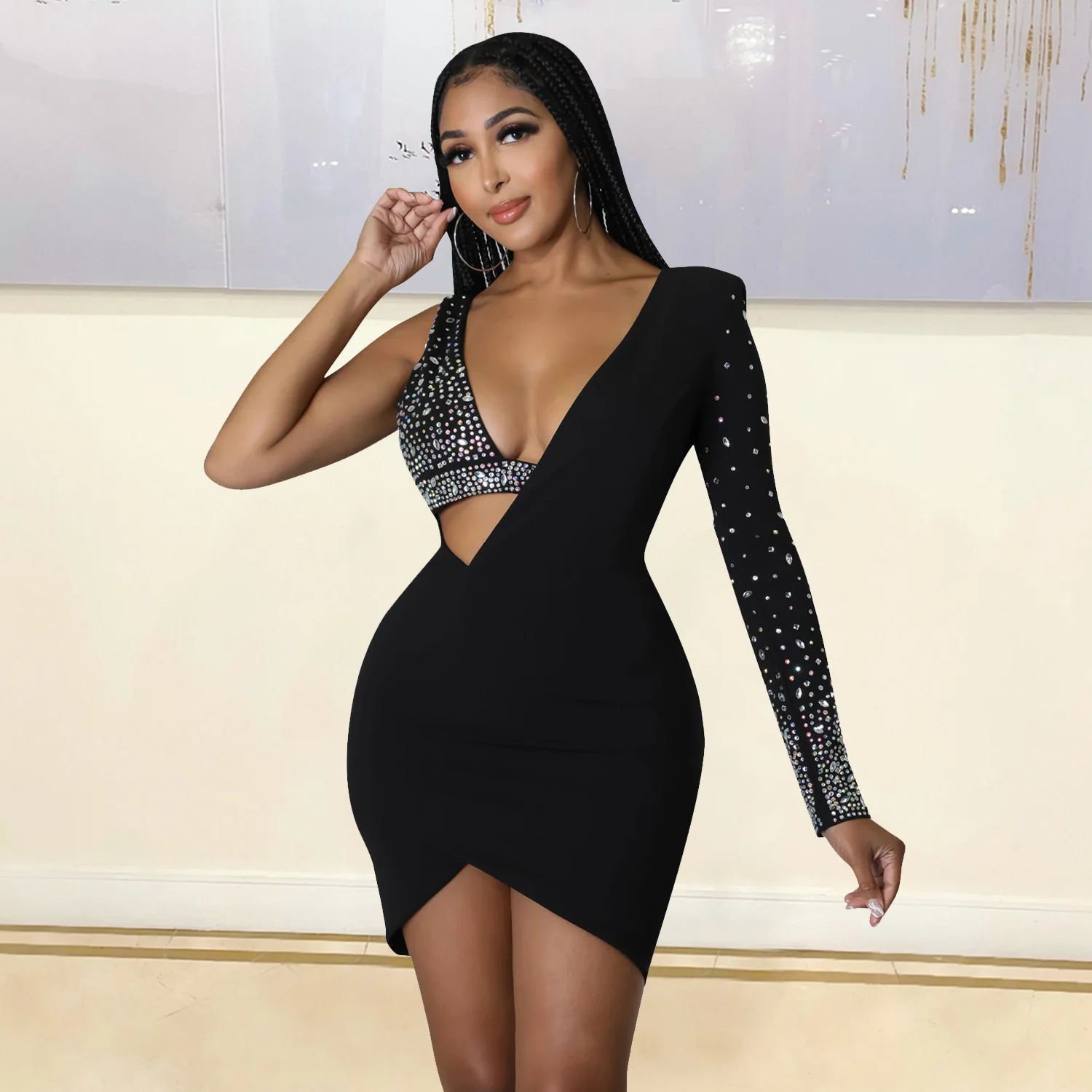 HLJ Fashion Rhinestone One Shoulder Bodycon Party Dresses