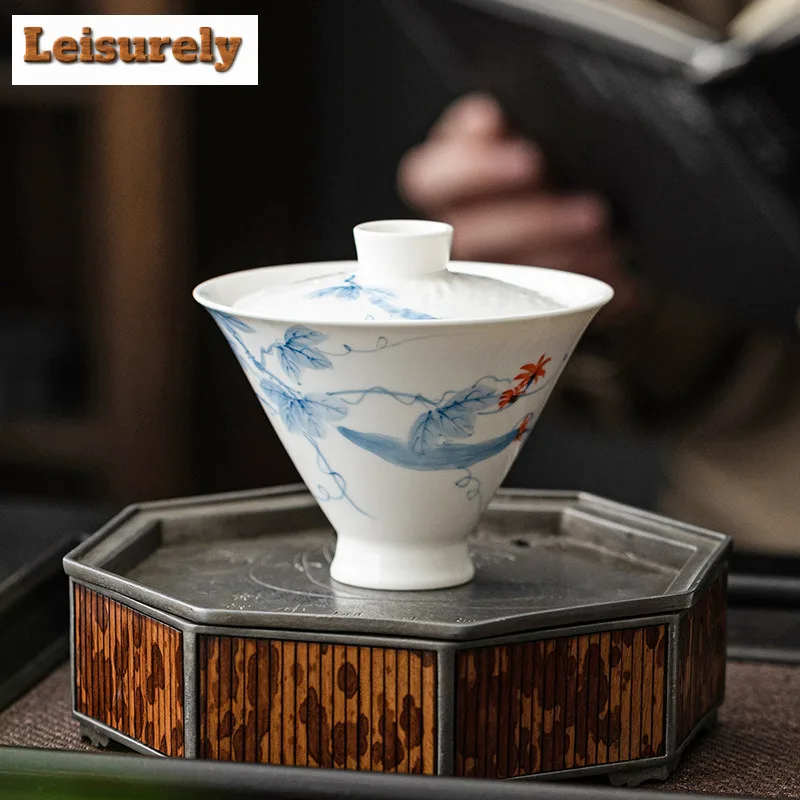 140ml Hand-painted Loofah Gaiwan Retro Bamboo Hat Anti Scalding Tea Tureen Household Tea Making Cover Bowl Items Ornaments