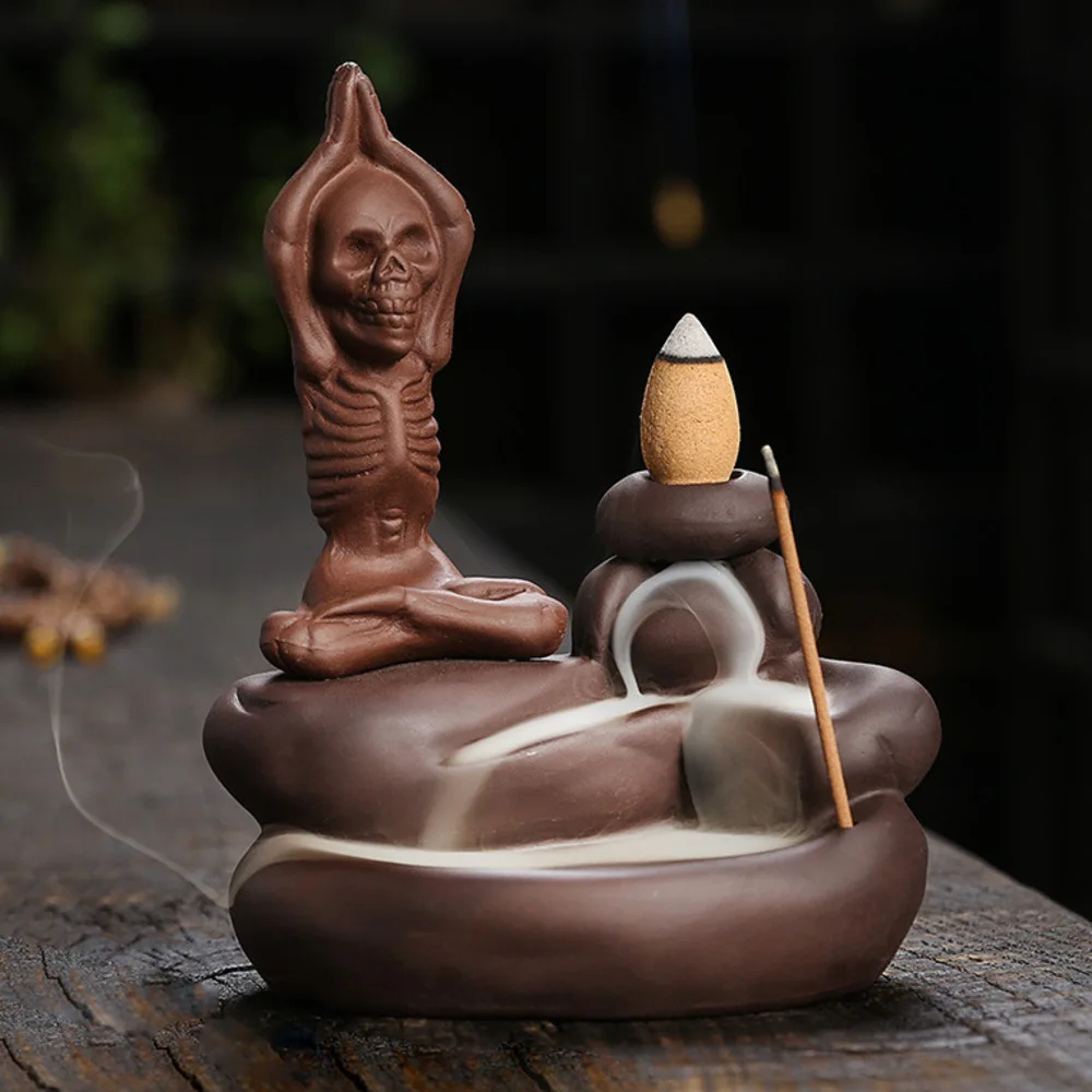 Halloween Ornament Skull Backflow Incense Burner Purple Clay Incense Stick Holder, Aromatherapy Home Decor Censer (no Incense)