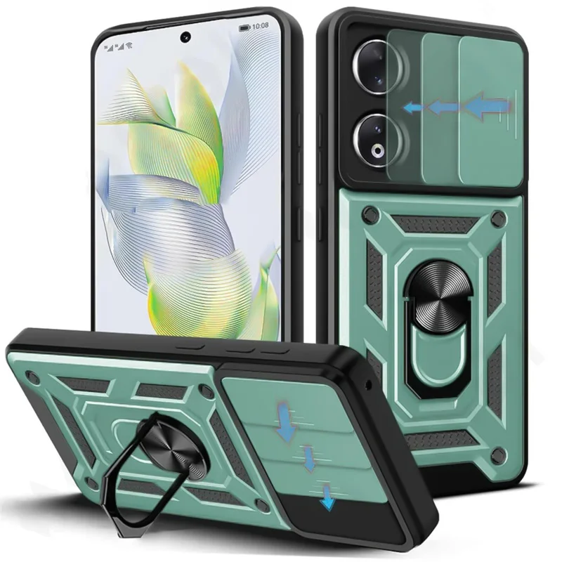 Armor Shockproof Phone Case with Magnetic 360-Degree Ring Holder and Slide Lens Cover