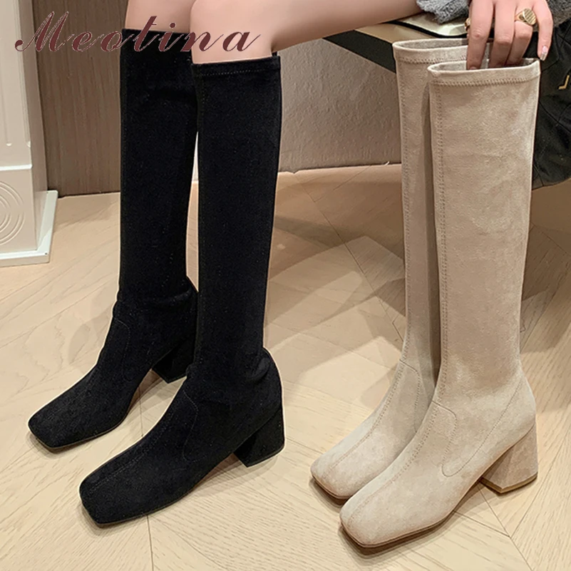 

Meotina Women Knee High Boots Square Toe Chunky High Heels Long Boot Concise Ladies Fashion Shoes Autumn Winter Khaki Black 41