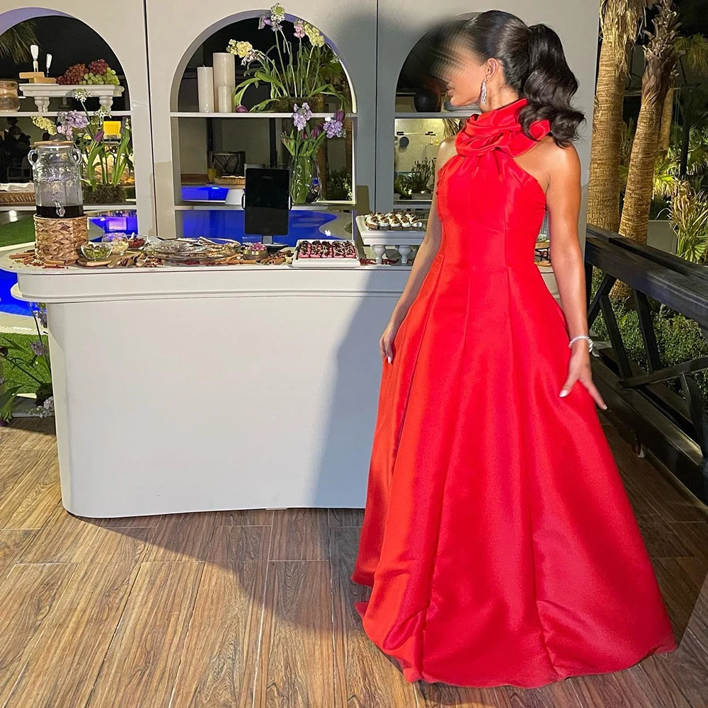 

Shiyiecy Elegant Satin Evening Dresss A-Line Sleeveless Pleat Halter Prom Dress for Women Saudi Arabia Formal Evening Cusom Made