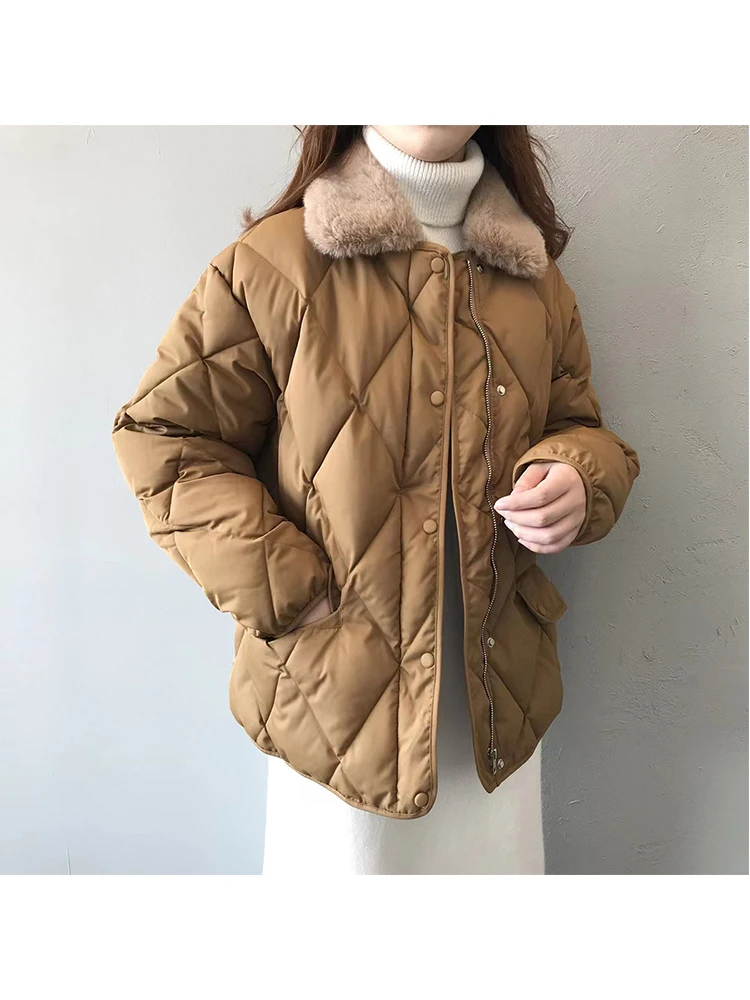 

2022 Winter Autumn Argyle Quilted Coats Korean Fashion Elegant Ladies Casual Fur Collar Jacket Retro Loose Cotton Padded Outwear