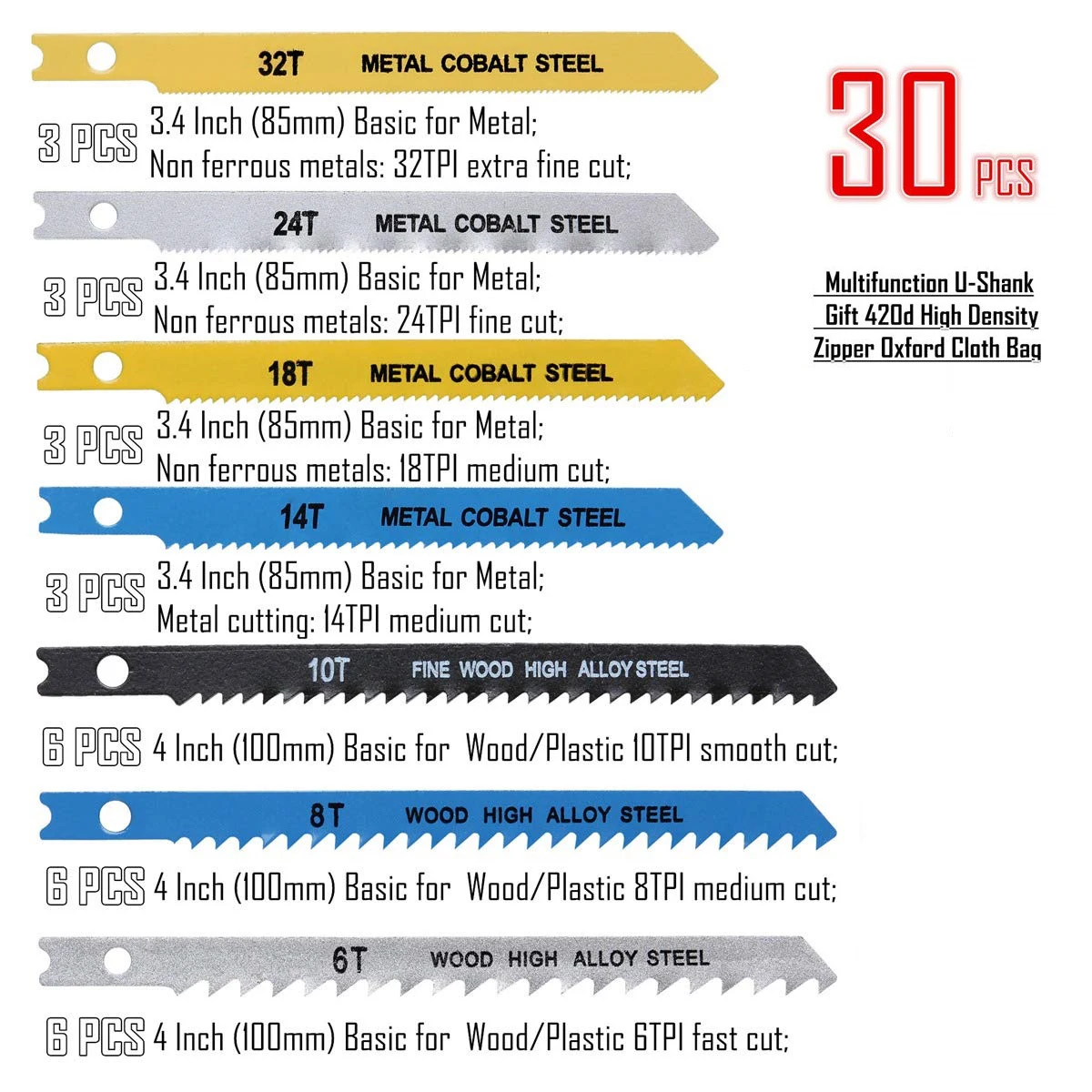 Jig saw blades 30/24Pcs Jig Saw Blade Set HCS Assorted Saw Blades Sharp Fast Cutting for Bosch DEWALT Jig Woodworking Tools