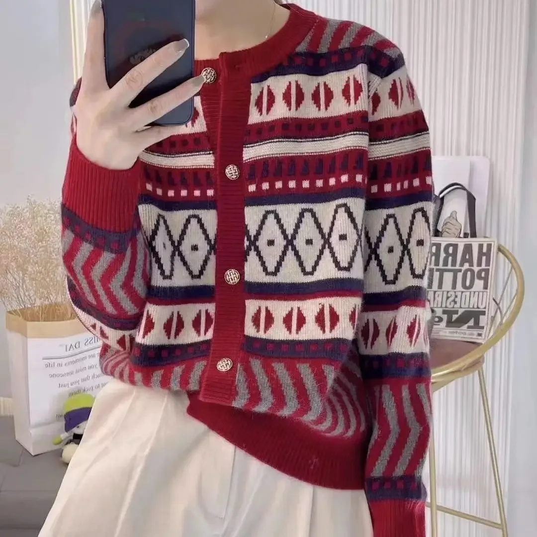 

Женский трикотажный свитер на пуговицах, винтажный кашемировый кардиган в полоску с круглым вырезом и графическим принтом, Y2k, зима 2023
