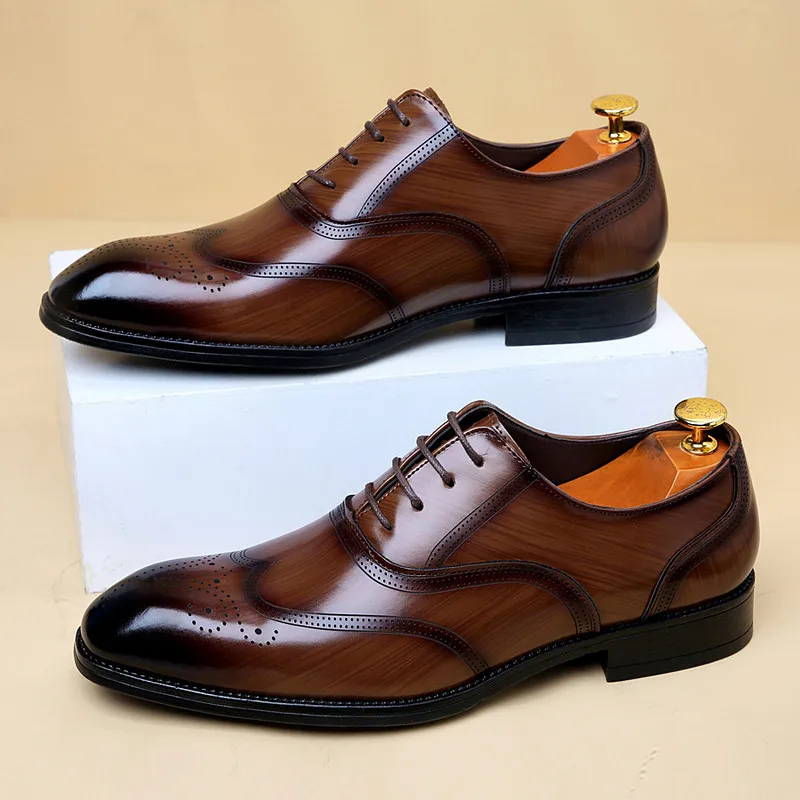 

British Style Brown Men Oxfords Shoes Handcrafted Leather Luxury Mens Dress Shoes Pointed Lace-up Men Brogue Shoes Plus Size 48
