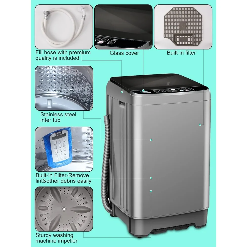 Full Automatic Washing Machine with LED Display, 25 lbs Portable Washer Drain Pump, Come with a Glass Cover, 8 Programs 4