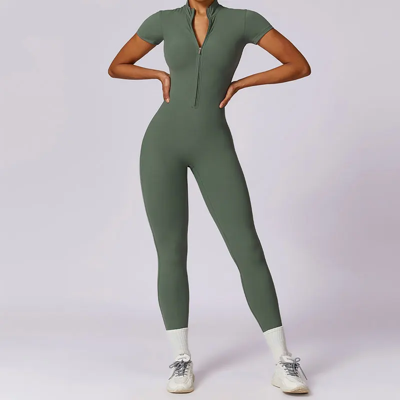 Summer Short Sleeved Zippering One-Piece Yoga Suit Dance Fitness Workout Set