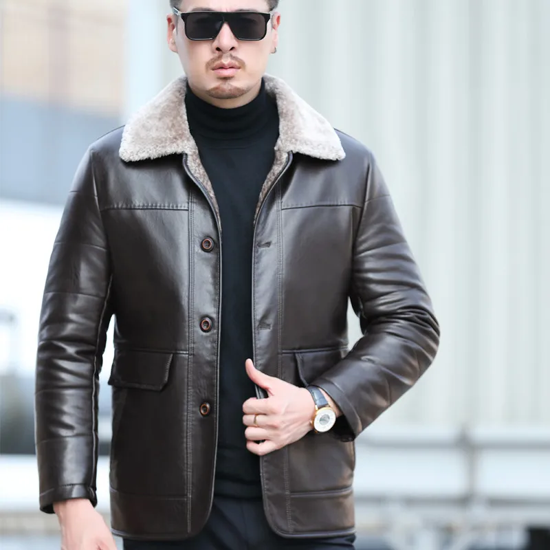 Natural Leather Men's Autumn and Winter Casual Lapel Mid Length Business Leather Down Jacket Plus Size