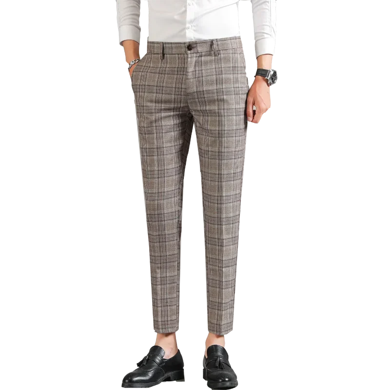 Men Dress Pants British Plaid Business Casual Slim Fit Ankle Length Pantalon Classic Vintage Check Suit Trousers Wedding