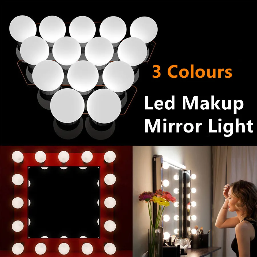 USB LED 3 Modes Makeup Mirror Light Touch Stepless Dimming Bathroom Fill In The Light 10/14 Bulbs Hollywood Vanity Mirror Lights