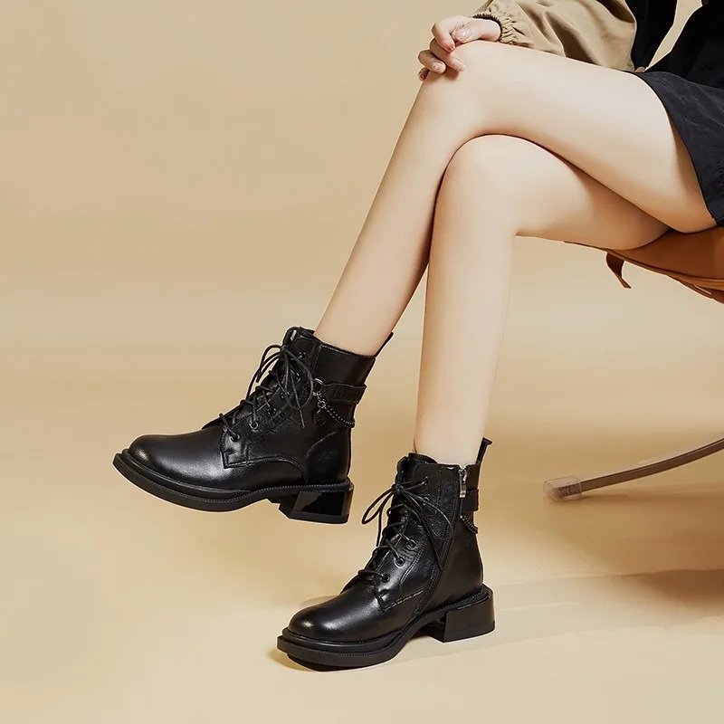 2024Fashion Shoes for Women Classic Ankle Boots for Women Winter Casual PU Lace up Square Mid Heels Solid Leather Snow Boots