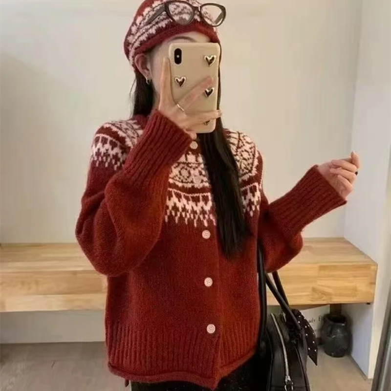 2025 Autumn Winter Women Elegant Casual Sweater with Hat Crew Neck Long Sleeve Knitted Cardigan Fashion Fall Knitwear Clothing