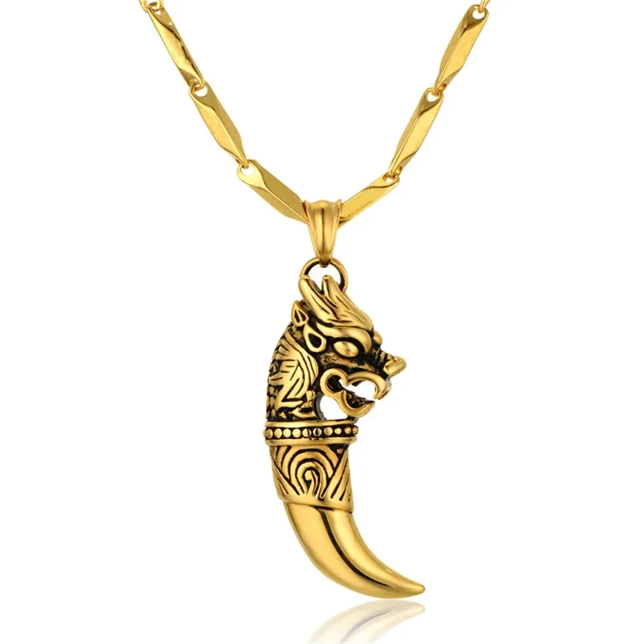 Punk Rock Dragon Wolf Tooth Pendant & Chain Male Gold Color Stainless Steel Amulet Necklace Men Cool Animal Jewelry Gift fang tooth necklace stainless steel pendant necklace