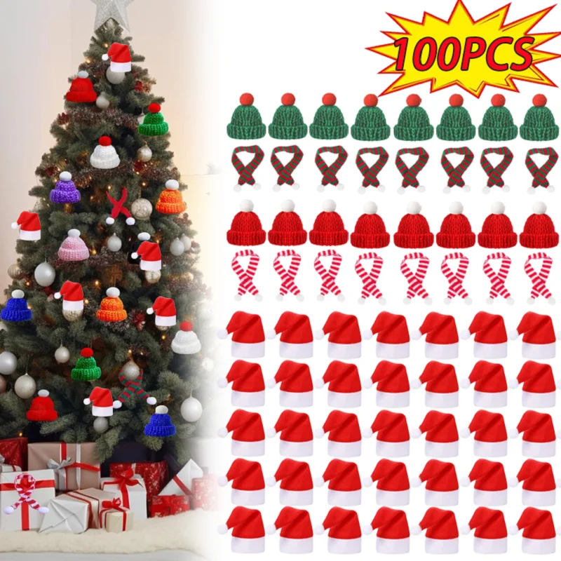 Mini Santa Hat & Scarf New Christmas Costume for Cat Rabbit Doll Lollipop Bottle DIY Xmas Party Dinner Decoration