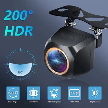 Telecamera Posteriore per Auto AHD 1920x1080P 200 °   Telecamera Anteriore e Posteriore per Auto con Lente Fisheye Dorata, Visione Notturna Full HD