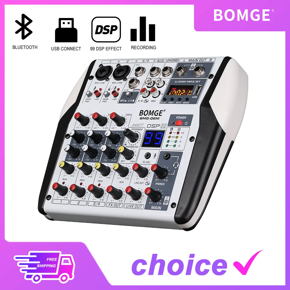 6 channels 99DSP Audio mixer DJ karaoke Mixing Console USB Interface Sound Card 48V PC MP3 DJ Recording