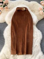 SINGREINY Women Korean Split Sexy Long Skirt 2024 Winter Corduroy Slim Thick Streetwear Fashion Vintage Autumn Bodycon Skirt - Image 3