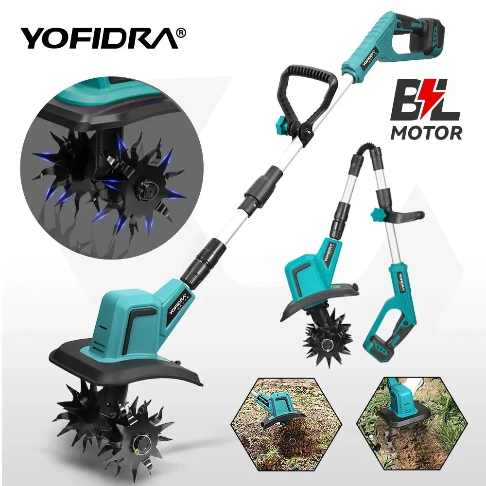 YOFIDRA Brushless Electric Garden Tiller, Lawn Mower Rototiller For Soil Cultivation Garden Power Tool For Makita 18V Battery Pin