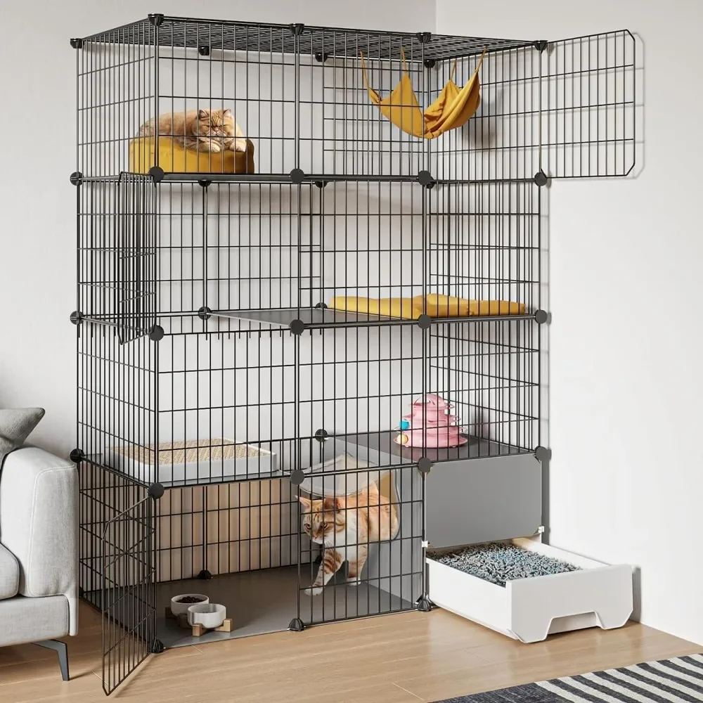 Cat Cage with Litter Box,4-Tier DIY Cat Enclosures Large Playpen Detachable Metal Wire Kennel Indoor Crate Large Exercise