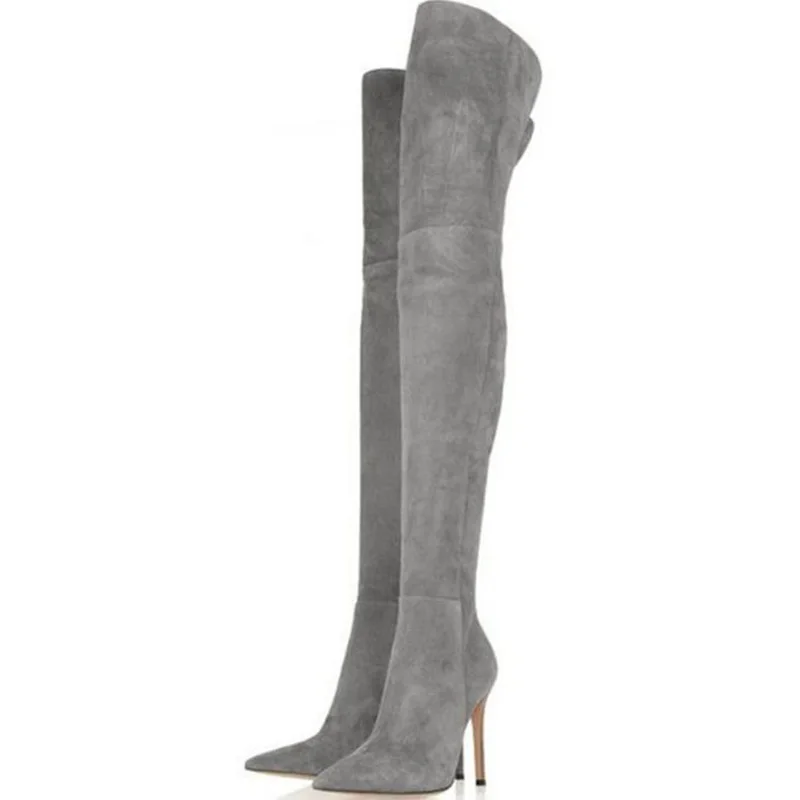 

Grey Suede Pointed Toe High Heels Over The Knee Boots Side Zipper Stretch Fabric Thin Heels Winter Long Boot Size 47 Runway Shoe