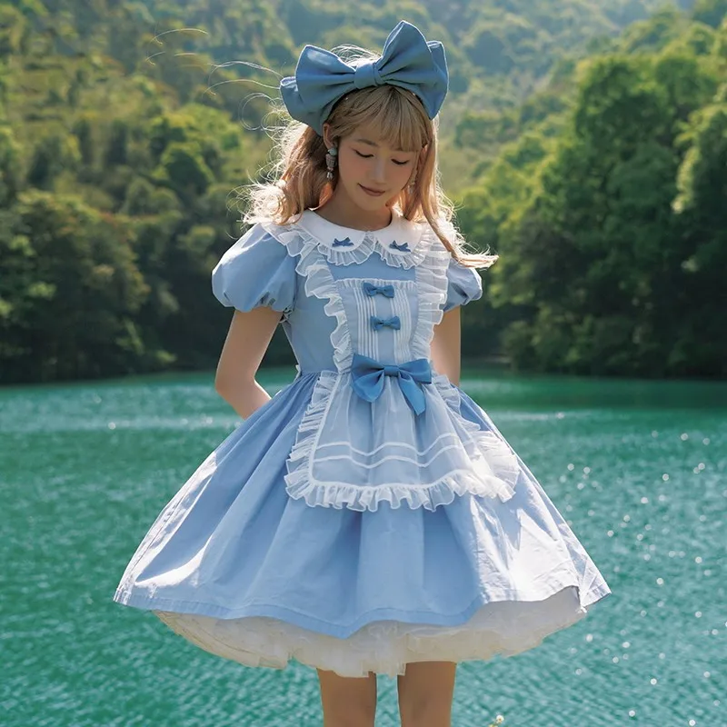 

Summer Skyblue Cotton Lolita Op Dress Short Sleeve Fashion Elegant Anime Maid Tea Party Victoriaans Medieval Mori Girl Vestido