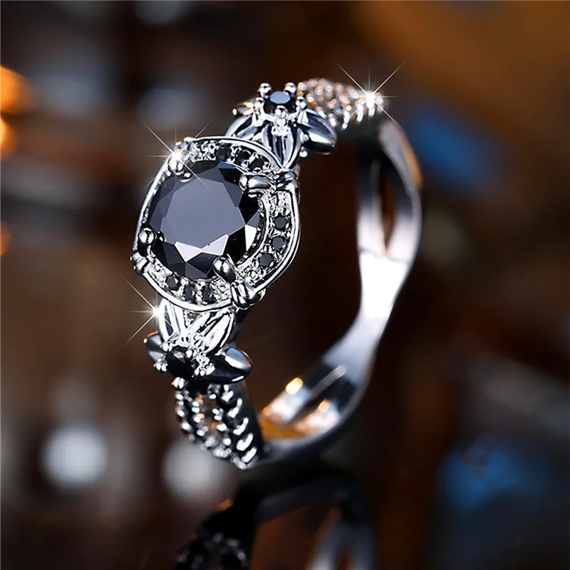 Luxury Female Black Round Flower Zircon Stone Engagement Ring Trendy Silver Color Bride Wedding Jewelry Gift For Women