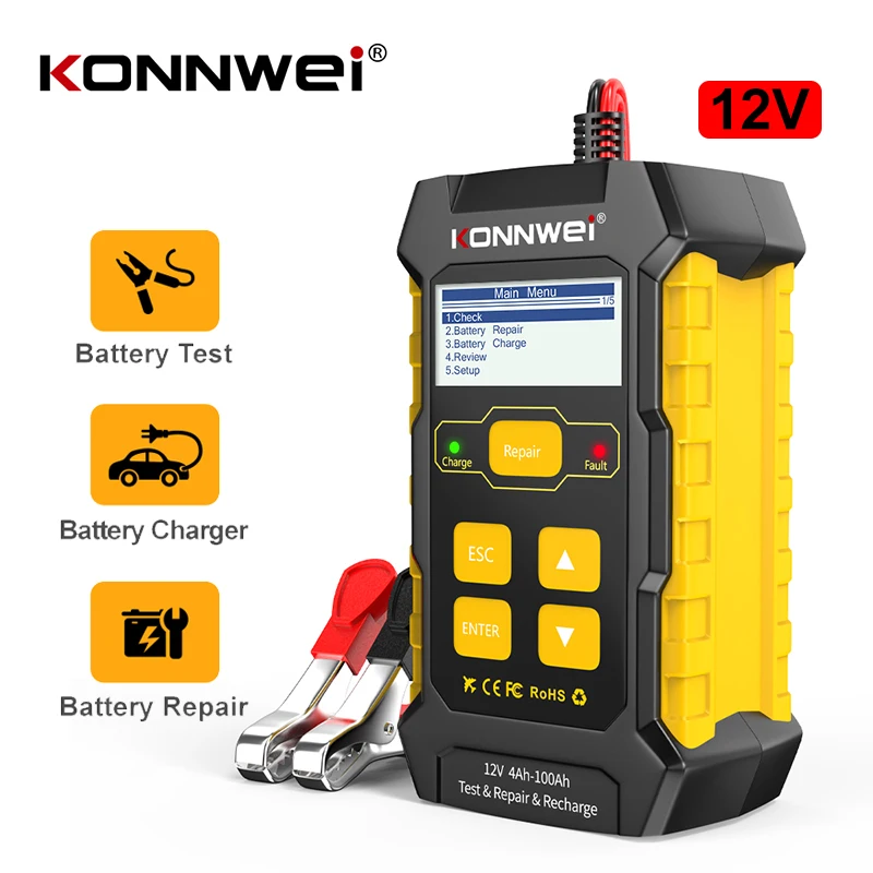 KONNWEI KW510 Car Battery Tester Full Automatic 12V Car Battery Pulse Repair Detect Repair Tool 5A Battery Charger Detect Tool