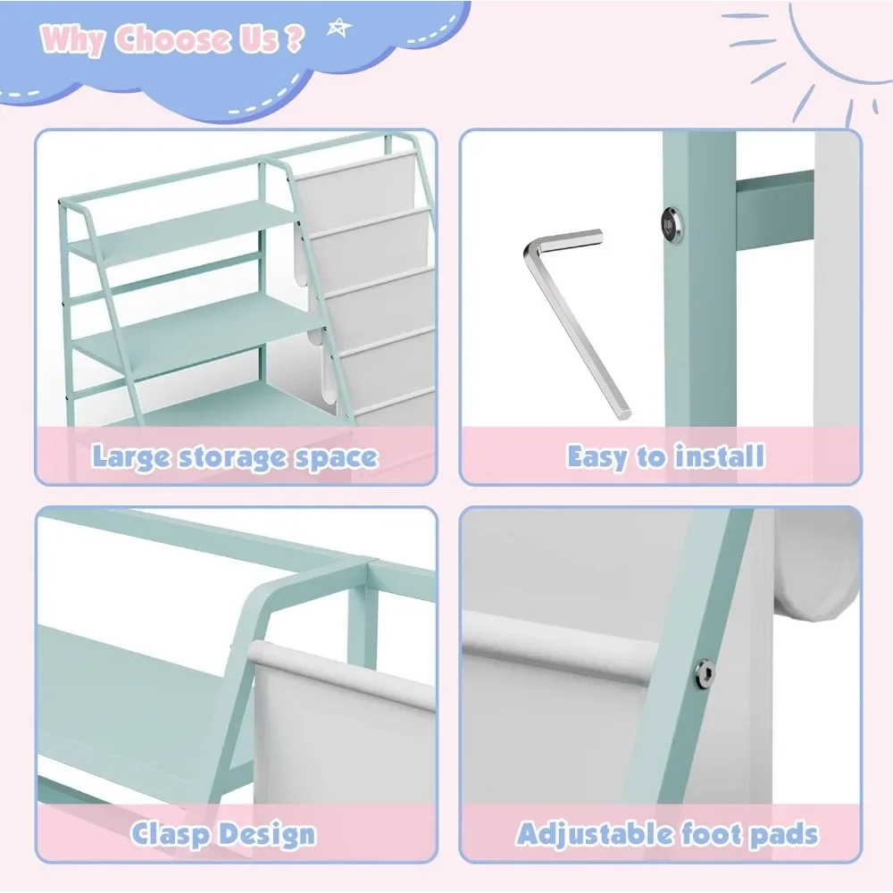 Bookshelf for Kids - Metal 4 Tier Childrens Bookcase with 5 Sling Deep Book Rack Display Shelves Toddler Toys Organizer 6