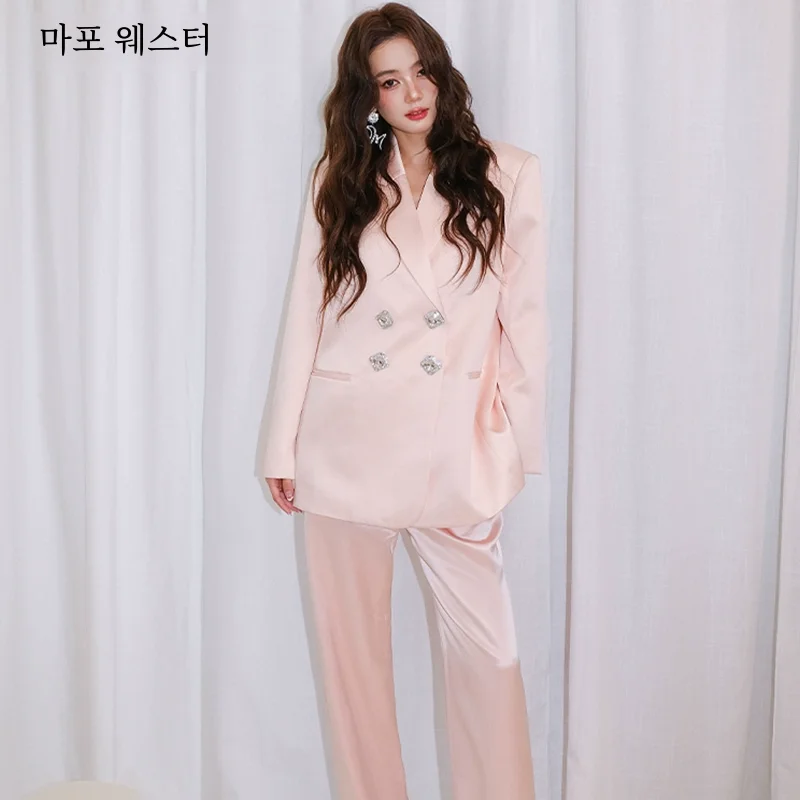 Masionwester 가을 새로운 여성 옷 새틴 핑크 더블 브레스트 느슨한 세트 세트 바지 투피스 세트