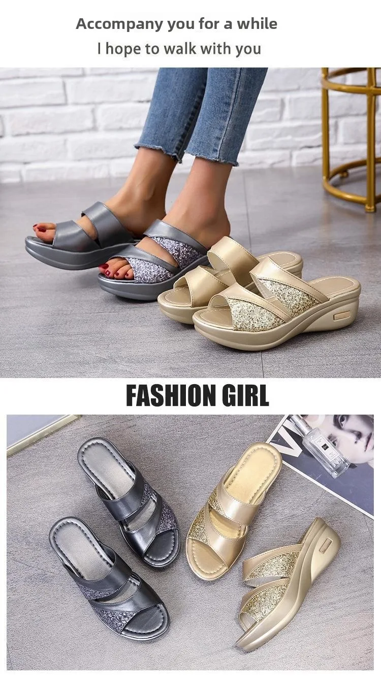 Female Casual Slingbacks Glitter PU Platform Comfortable Sandals For Women Spring 2026 Summer Wedge Slippers_vogvips.com