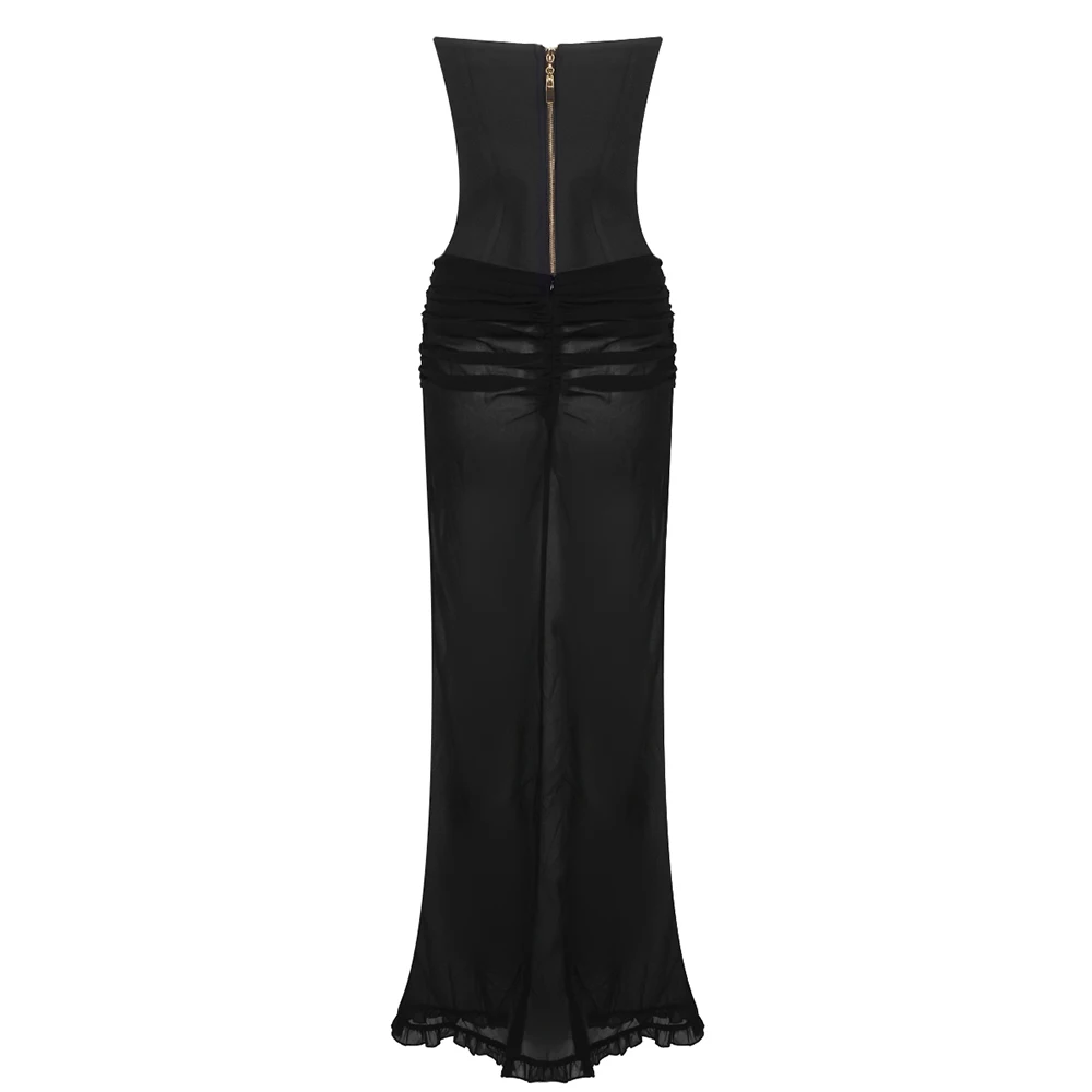 VC Women'S Dress Set Sexy Strapless Crop Top + Mermaid Maxi Skirt Suit 2 Pieces Outfit See Through Female Clothing