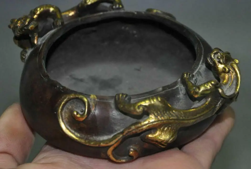 

4"Marked Old Chinese Pure Bronze gilt Dragon Beast Statue Incense burner Censer