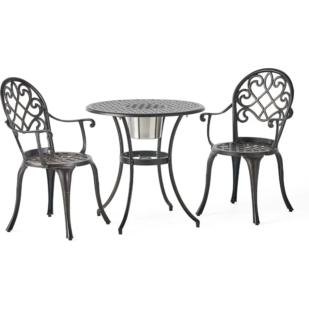 

3-Pcs Set Garden Furniture Sets Angeles Outdoor Cast Aluminum Bistro Furniture Set With Ice Bucket Copperfreight Free