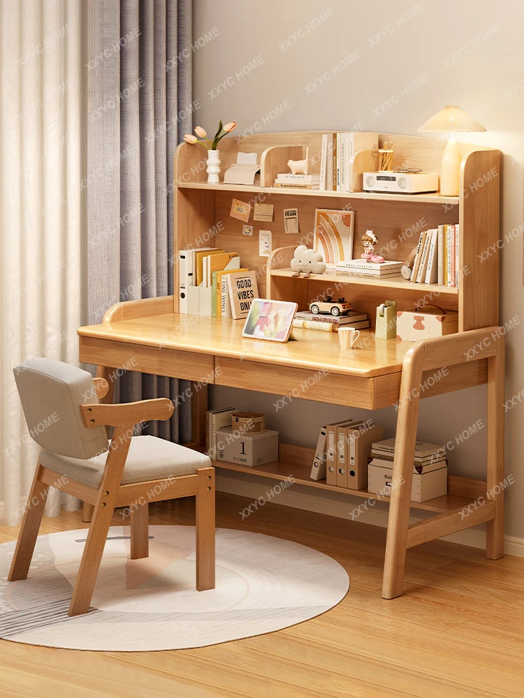 Solid Wood Desk Bookshelf Desktop Computer Desk Home Bedroom Learning Writing Table and Chair Combination