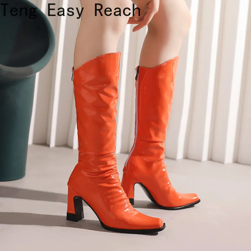 2023 New women's patent leather knee-high boots stylish white squareToe zipper chunky heels in candy color Boots Size 34-43