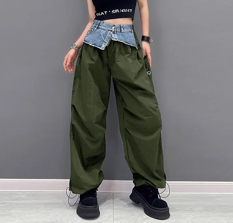 

Женские джинсовые брюки в стиле пэчворк с высокой талией, свободные брюки-карго, модные брюки для женщин, повседневные брюки, уличная одежда, осень-зима