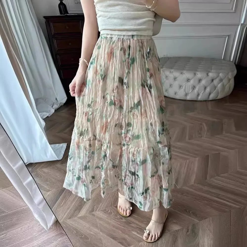 thumbnail image 1 of Falda de gasa con frunces y flores rosas de verano 2024, falda de gasa de estilo europeo hasta la rodilla para mujer, caftán de gasa, 1 of 4