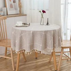 Elegant Tassel Plaid Tablecloth - Heavyweight Cotton Linen Dust - Proof Cover for Kitchen and Dining Decor (Light brown A)