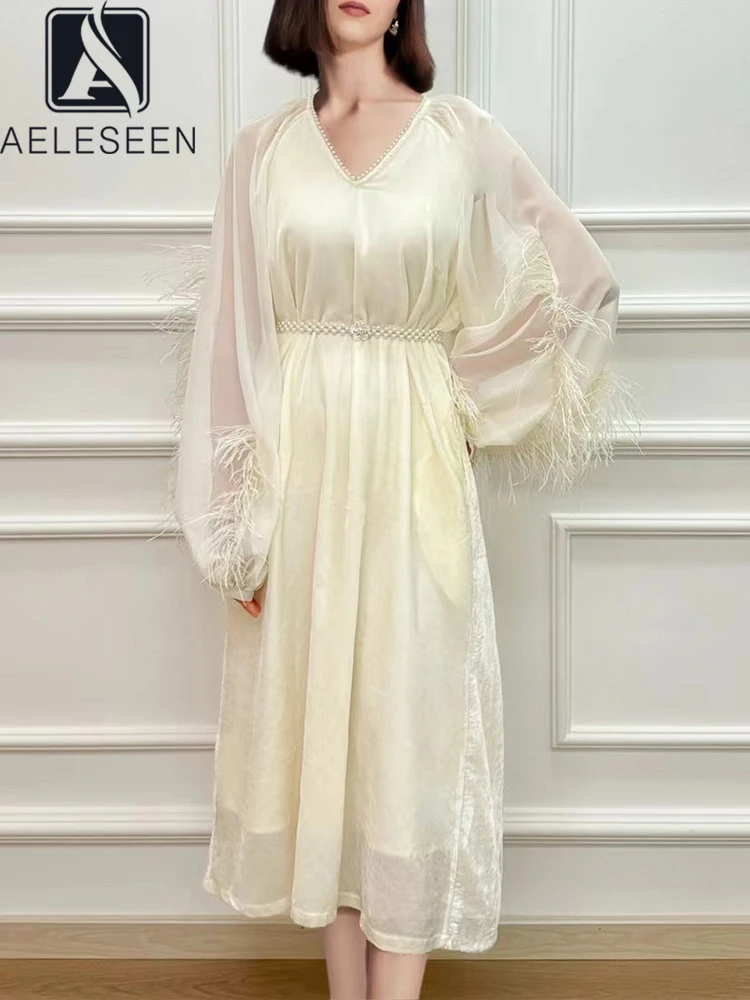 

AELESEEN Designer Fashion Beige Dress Women Spring Summer Lantern Sleeve Feathers Beading Pearls Elegant Midi Party Vacation