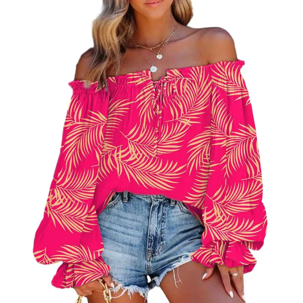 

Blouse Women Top Off Shoulder Shirring Backless Colorful Print Lace Up Loose Lantern Sleeve Blouse Top blusas para mujer 2023