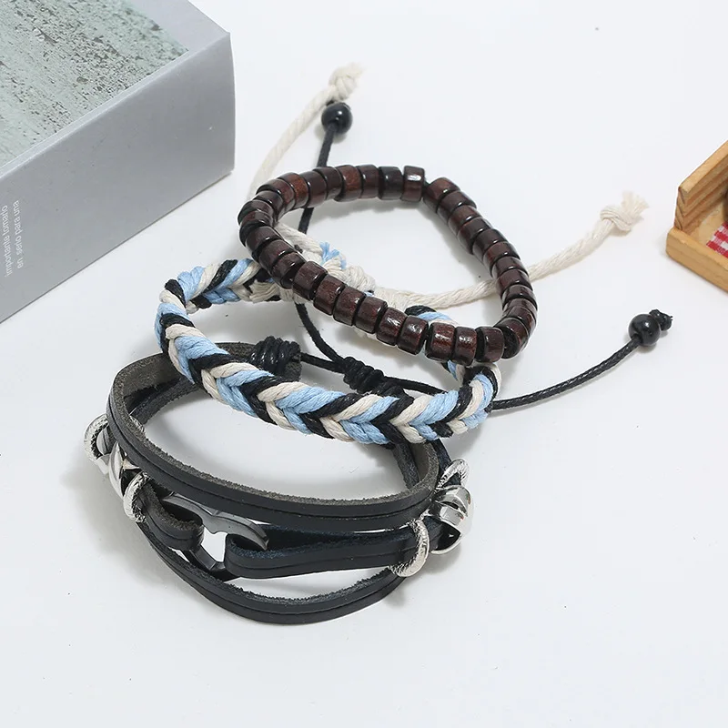 Pulsera de piel auténtica trenzada para y mujer, brazalete Vintage de varias con cuentas madera y corazón, estilo Punk Rock| | - AliExpress