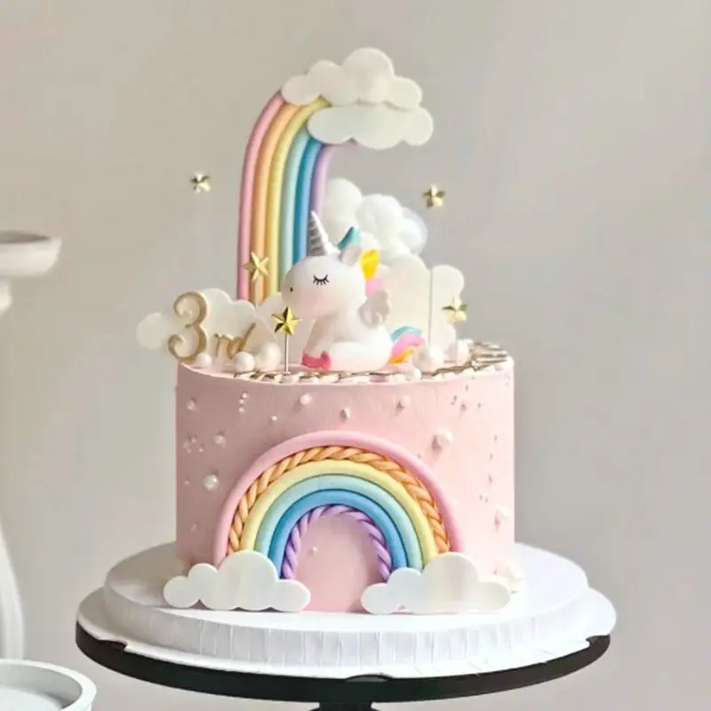 Niedlicher Einhorn-Kuchenaufsatz, Regenbogen-Wolken, Sterne, Kuchen für Kinder, alles Gute zum Geburtstag, Kuchendekoration, Party-Versorgung, Geschenke für Mädchen, Babyparty – Detail 1