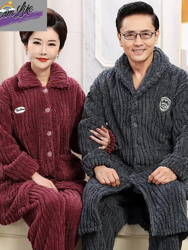 커플 코랄 플리스 잠옷 세트, 두꺼운 따뜻한 플란넬 수면복, 가을 겨울용, 큰 ..