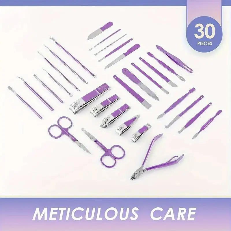 30 Pcs Purple Manicure Set Professional travel kit Stainless Steel Solid Manicure Kit Nail Care Kit With Pink Case Valentine 3