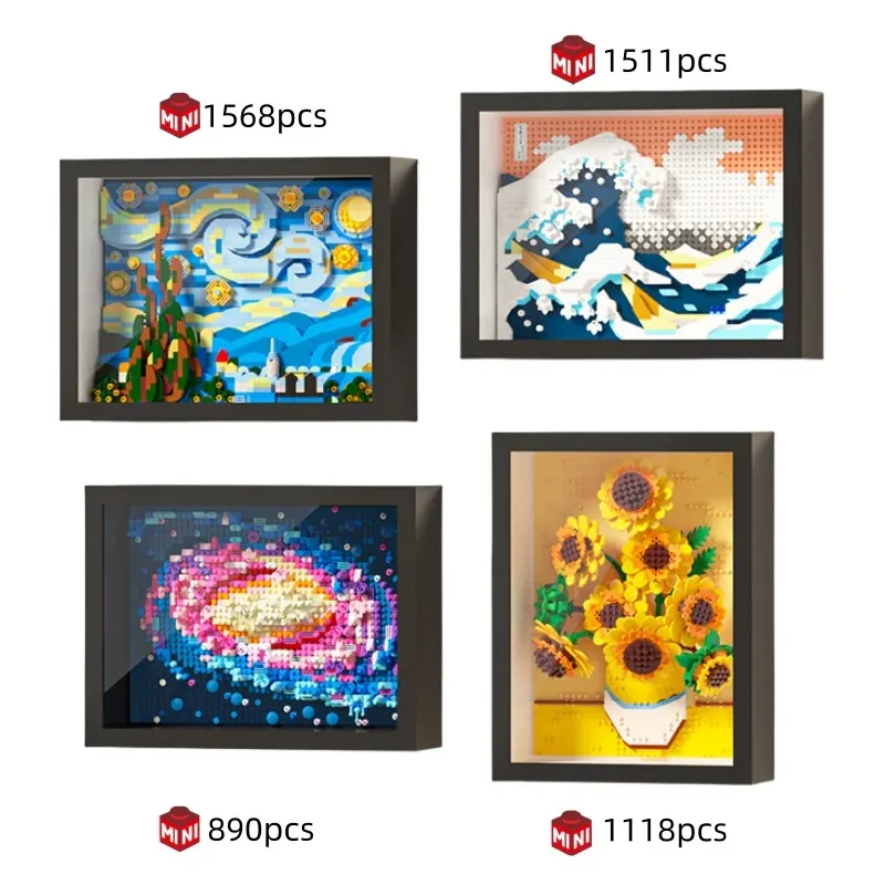 Criativo mundialmente famoso arte pintura girassol van gogh a noite estrelada galáxia kanagawa bloco de construção, presentes de aniversário de natal